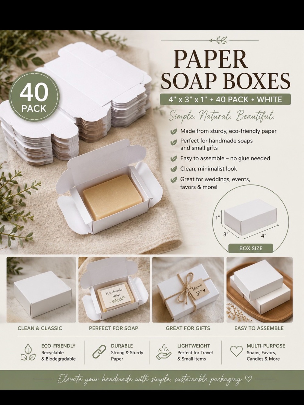 4"x3"x1" Paper Soap Box, 40 Pack Soap Boxes Rectangle, White